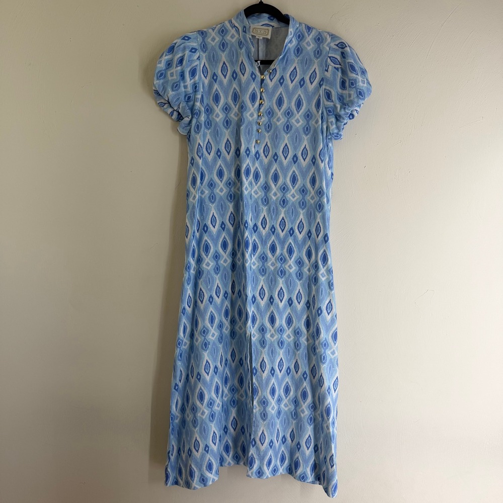 Sail to Sable puff-sleeve midi dress ikat preppy gold button loop womens Medium